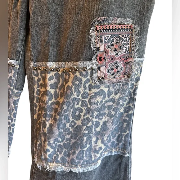 POL Studded Patch Jeans Size Large Charcoal Gray High Rise Button Fly Wide Leg - Picture 6 of 15